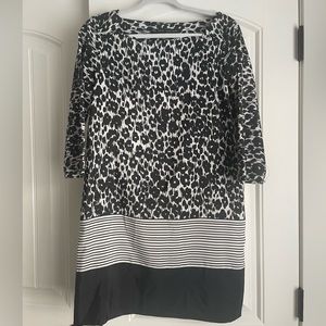 Zara Mixed Media Leopard Shift Dress Medium Black White Pockets 3/4 Sleeve